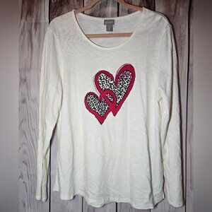 Chico's Leopard Print Heart Cream Long Sleeve Top Size 2 (Large)